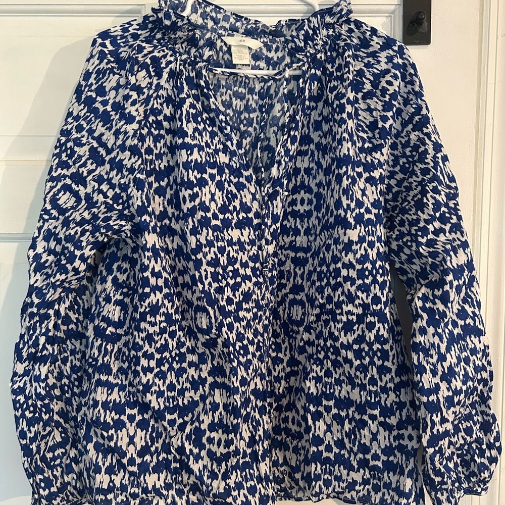 Blue and White Printed Long Sleeve Blouse
